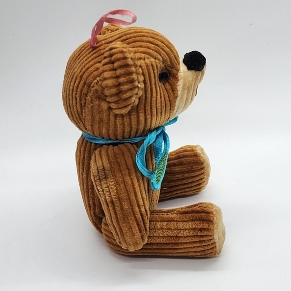Vintage mini Corduroy bear ornament tan with blue bow moveable - Picture 4 of 13